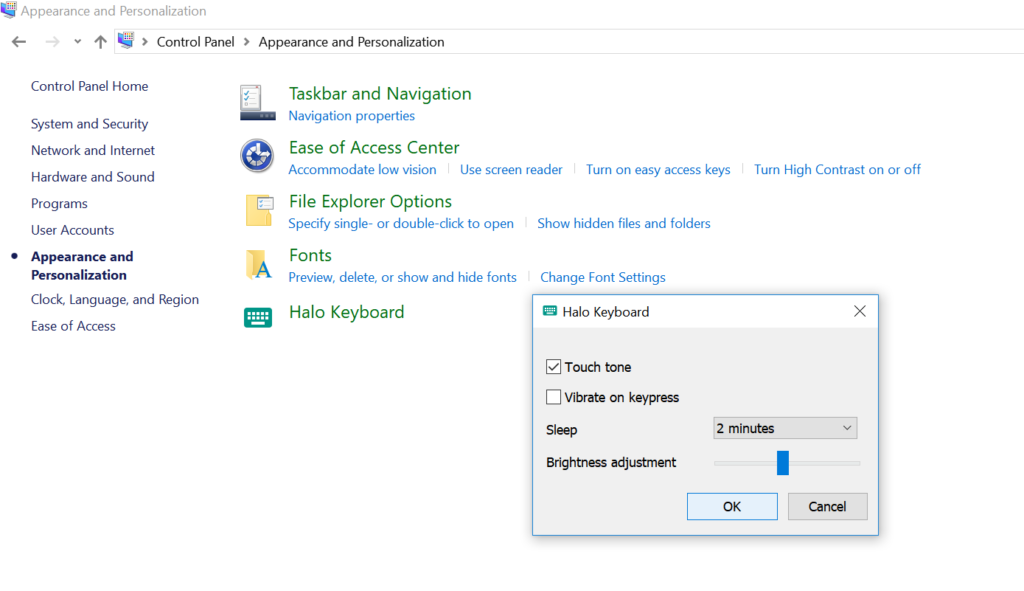 Halo Keyboard settings Win 10